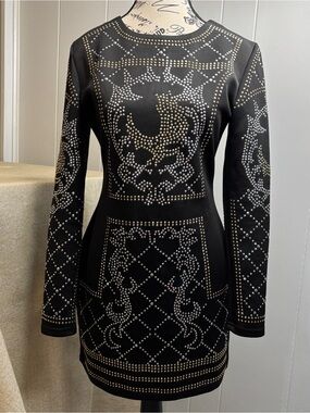 Black Long-Sleeve silver & gold tone Studded Bodycon Dress ~ Sz Large